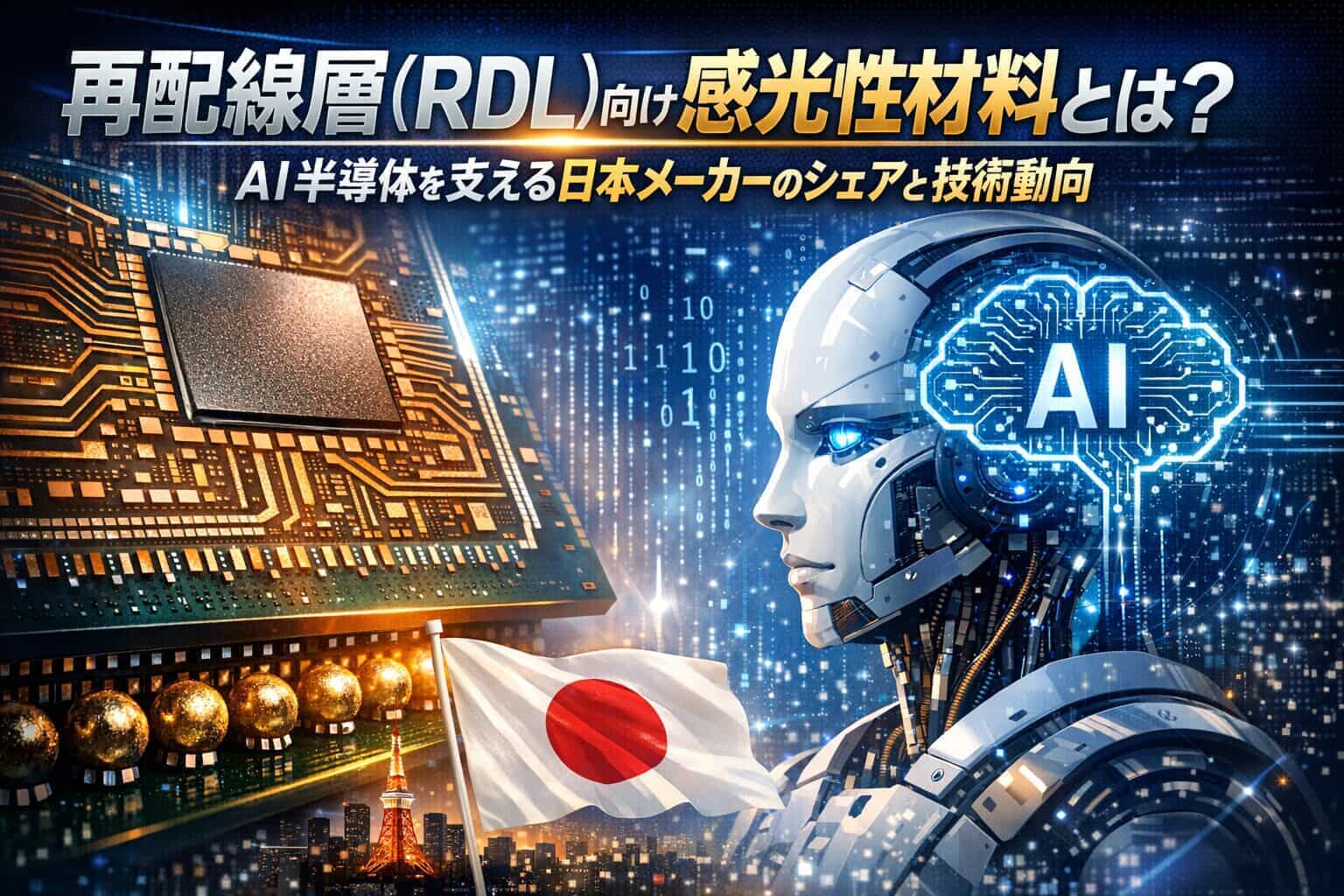 AI半導体の進化に不可欠な「再配線層(RDL)」と「感光性絶縁材料」について解説。旭化成やレゾナックなど、世界シェアを独占する日系メーカーの動向や、シリコンから有機インターポーザへの技術シフト、デファクトスタンダード争いの重要性を詳しく紹介します。