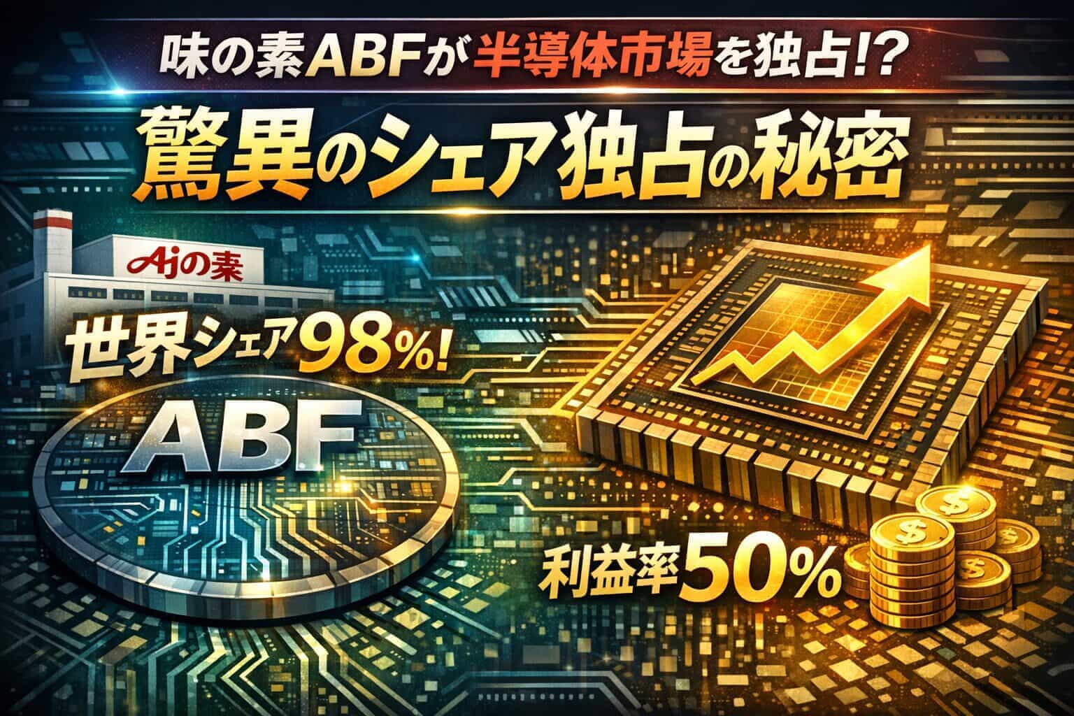 味の素が開発した半導体絶縁材「ABF」がなぜ世界シェア98%を誇るのか？その圧倒的な優位性、営業利益率50%を超えるビジネスモデル、ZACROSとの連携による製造戦略、そしてAI半導体普及による今後の市場展望を徹底解説します。